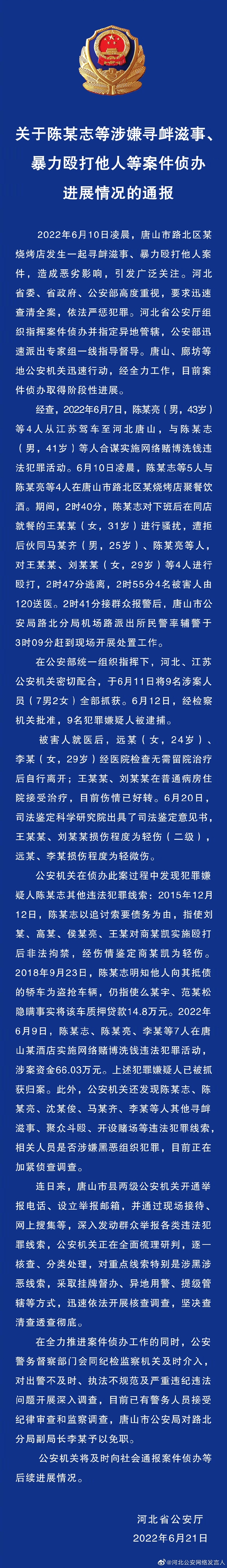 關于陳某志等涉嫌尋釁滋事、暴力毆打他人等案件偵辦進展情況的通報