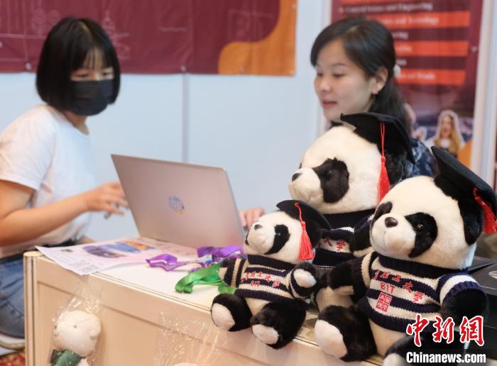 北京理工大學帶來可愛熊貓玩偶，頗為吸睛 陳悅 攝