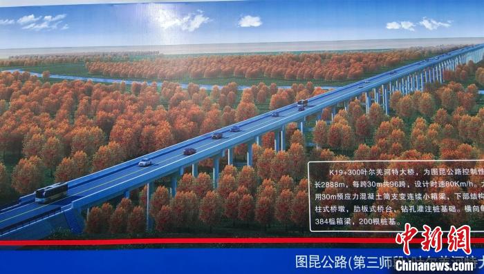 大橋穿越近3000米的原始胡楊林保護區。圖為工程效果圖?！∈酚窠?攝