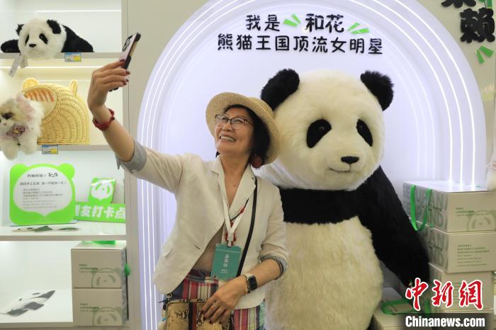 美國華視總裁楊蓮花與大熊貓文創產品合影?！⊥趵?攝