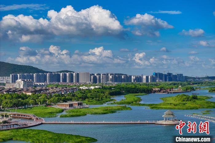 資料圖：航拍蘇州太湖湖濱國家濕地公園，藍天碧水生態美。 泱波 攝
