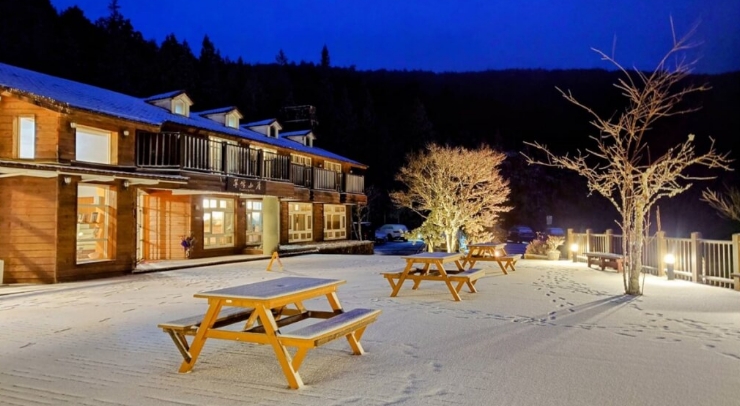 位在宜蘭縣內的太平山森林游樂區23日凌晨開始下雪，園區翠峰山屋前一片雪白。圖片來源：臺灣“中央社”。