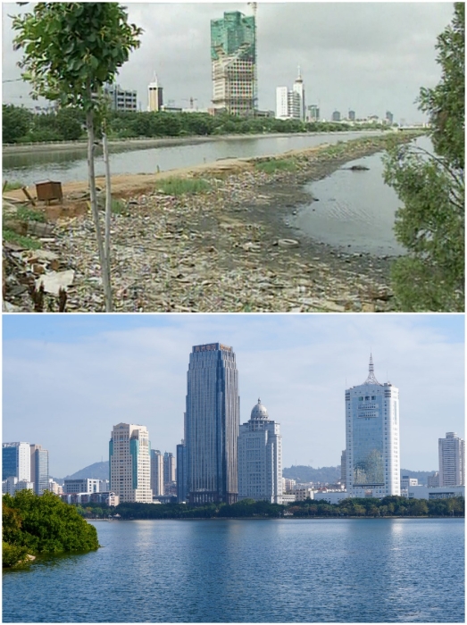 上圖：筼筜湖治理前資料圖。下圖：筼筜湖如今的美麗風光。人民網記者 吳超嵐攝