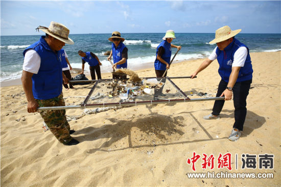 環保志愿者用篩網“淘”出海灘上的垃圾。
