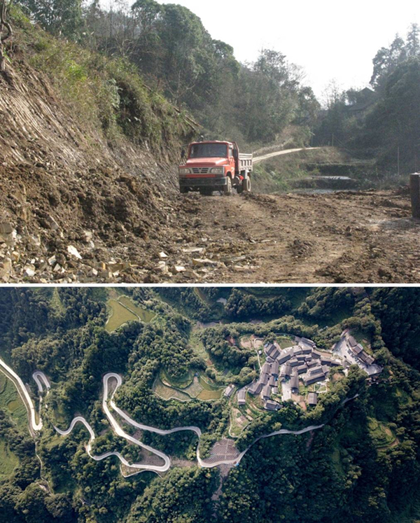 拼版照片：上圖為2011年12月拍攝的湖南省湘西土家族苗族自治州花垣縣十八洞村進村道路；下圖為2019年9月拍攝的十八洞村及進村道路。
