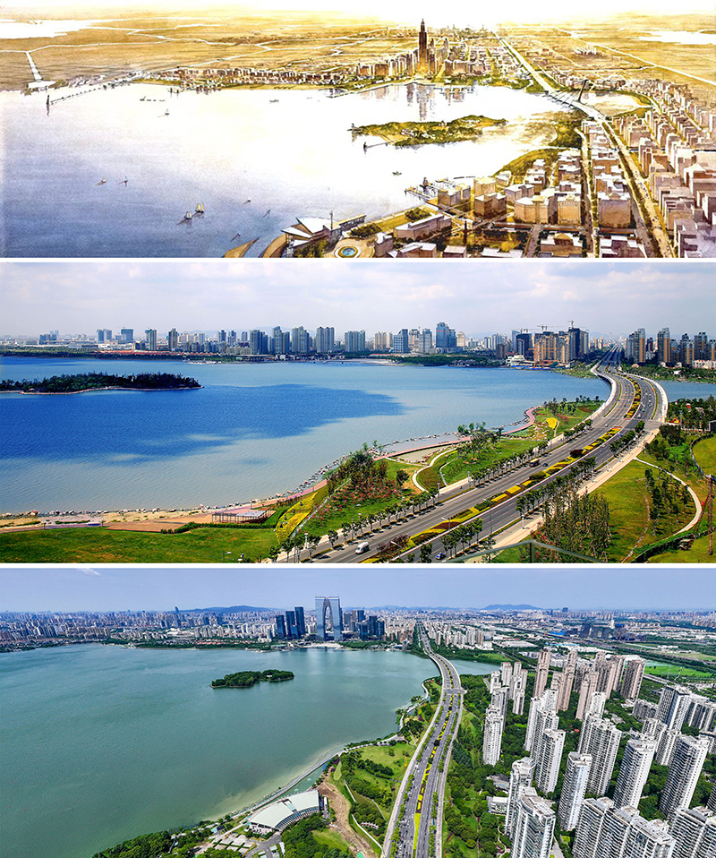 拼版照片：上圖為1994年繪制的蘇州工業園區手繪規劃圖；中圖為2007年拍攝的蘇州工業園區；下圖為2023年7月4日用無人機拍攝的蘇州工業園區。