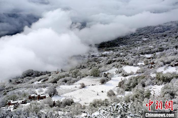 雪后的丹巴半山云霧繚繞?！±钣腊?攝