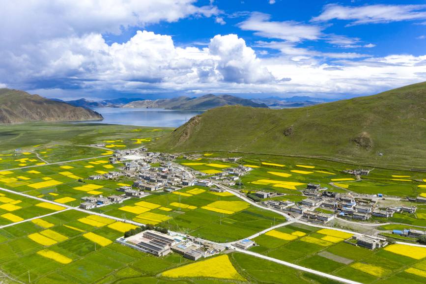航拍道布龍村，依山傍水，阡陌縱橫。