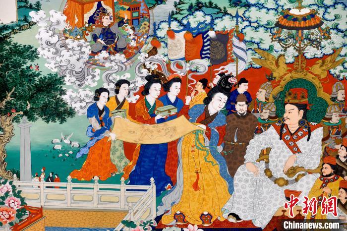圖為5月16日，展覽中的新創唐卡作品(局部)?！±盍?攝