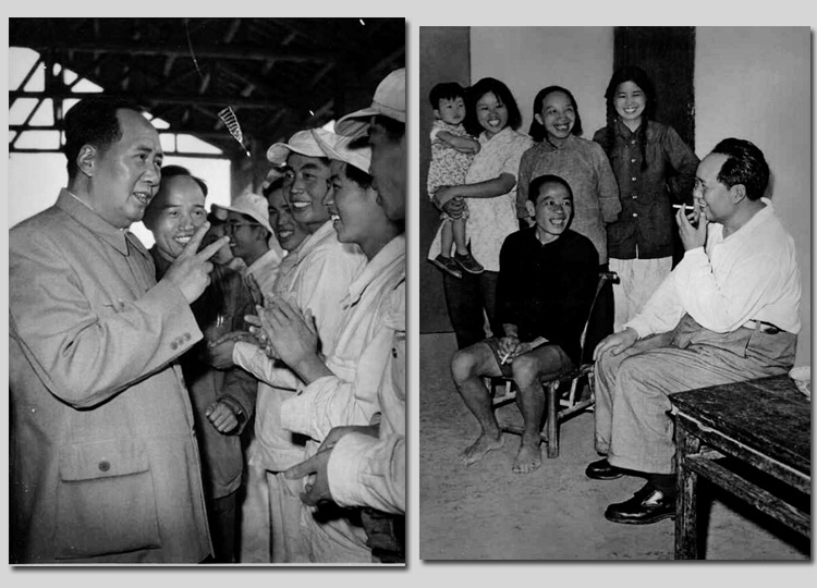 左圖：1959年，毛主席在安徽視察工廠時，同煉鋼工人親切談話。右圖：1959年，毛主席在湖南視察韶山，同貧農社員親切談話。